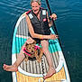 activity, adventure, animal, blue, calm, dog, floating, happy, leisure, life_jacket, nature, outdoor, paddleboard, person, pet, recreation, small_dog, summer, sunny, water