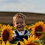 toddler, child, smiling, sunflower, flower_field, outdoor, nature, happy, blond_hair, overalls, green_leaves, summer, daylight, plant, portrait, cute, baby, sunny, childhood, playful