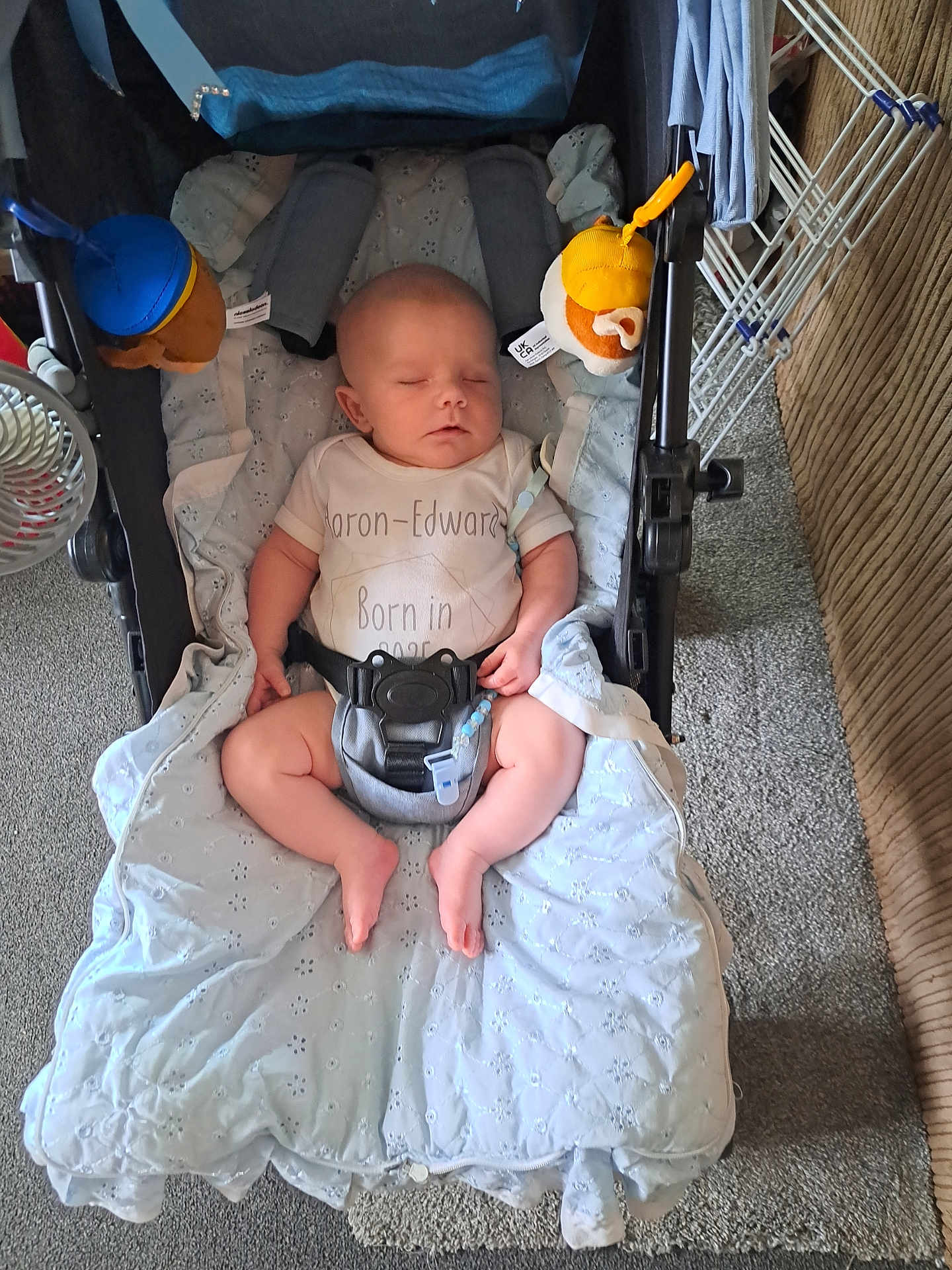 Aaron joined the competition — help win amazing prizes! baby, infant, stroller, blanket, sleeping, indoor, car_seat, toy, soft_toy, carpet, child, clothing, seatbelt, comfort, resting, peaceful, floor, fabric, nap, cushion
