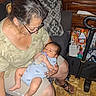 baby, bottle, feeding, woman, glasses, hair, chair, cushion, clothing, footwear, floor, furniture, indoor, person, skin, hand, baby_supplies, telephone, printer, cart