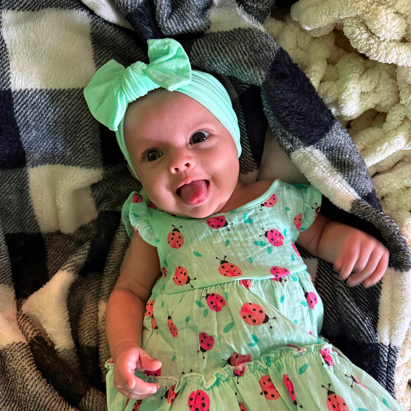 Alani joined the competition — help win amazing prizes! baby, child, infant, smiling, tongue_out, headband, bow, dress, ladybug_pattern, blanket, checkered, plaid, cozy, lying_down, cute, happy, person, indoors, fabric, hand