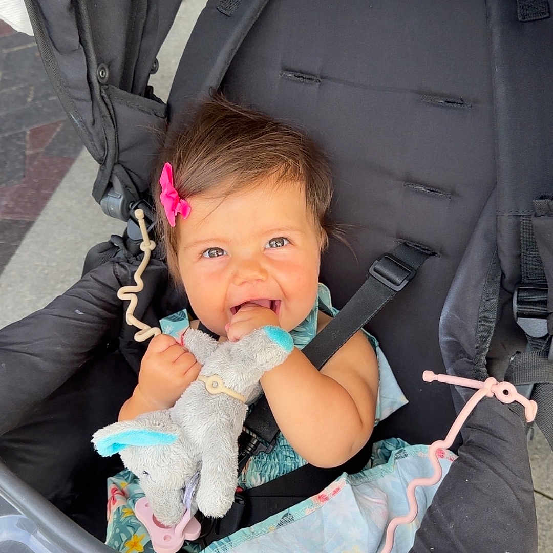 Maleia is registered to the contest to win money with this photo: baby, bright, cheerful, child, cute, daylight, dress, face, hands, happy, infant, outdoor, person, pink_bow, playful, seatbelt, smiling, stroller, stuffed_animal, toy