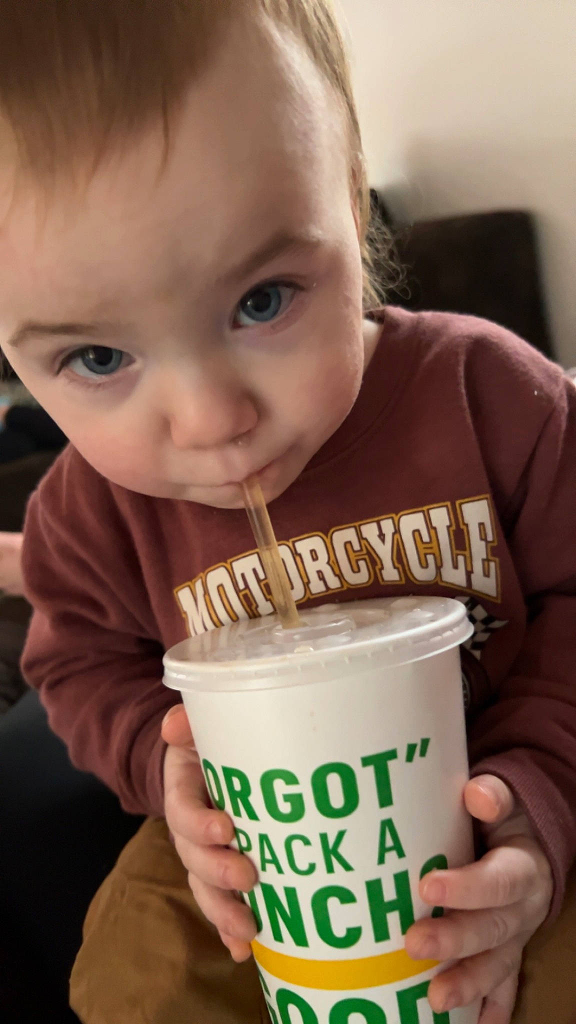 Matthew is registered to the contest to win money with this photo: baby, breakfast, child, cup, drink, drinking, drinking_straw, drinkware, food_craving, fun, hand, happy, junk_food, nail, person, play, sweetness, t_shirt, thumb, toddler