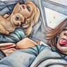 dog, chihuahua, person, selfie, car_interior, window, winter, coat, tongue_out, blonde_hair, brown_hair, seat, purse, snow_effect, fun, cute, pet, companion, casual, portrait