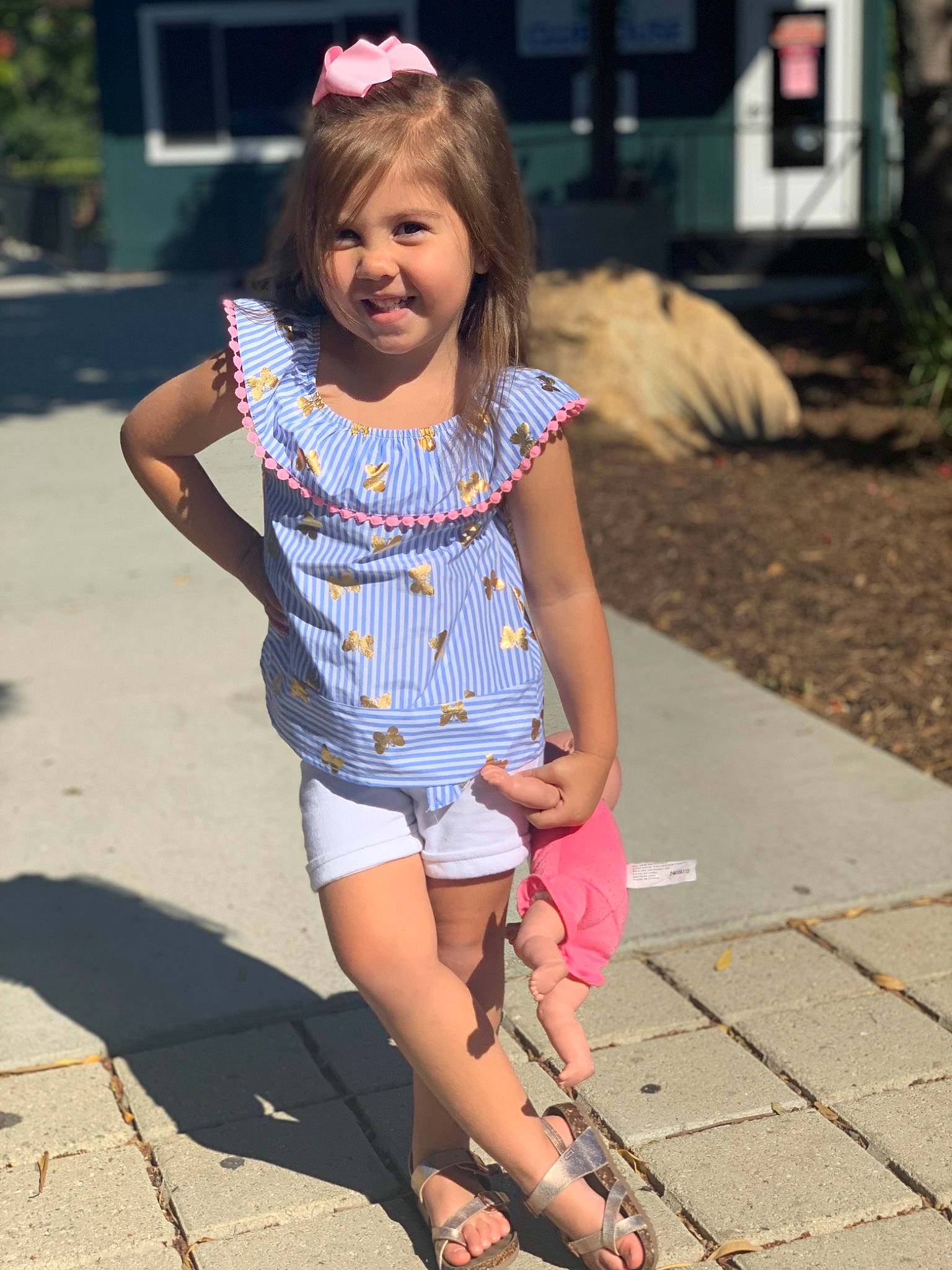 Anneliese joined the competition — help win amazing prizes! beauty, child, clothing, dress, fashion, footwear, fun, human_leg, joy, leg, long_hair, person, pink, shoe, shorts, smile, snapshot, street_fashion, summer, t_shirt