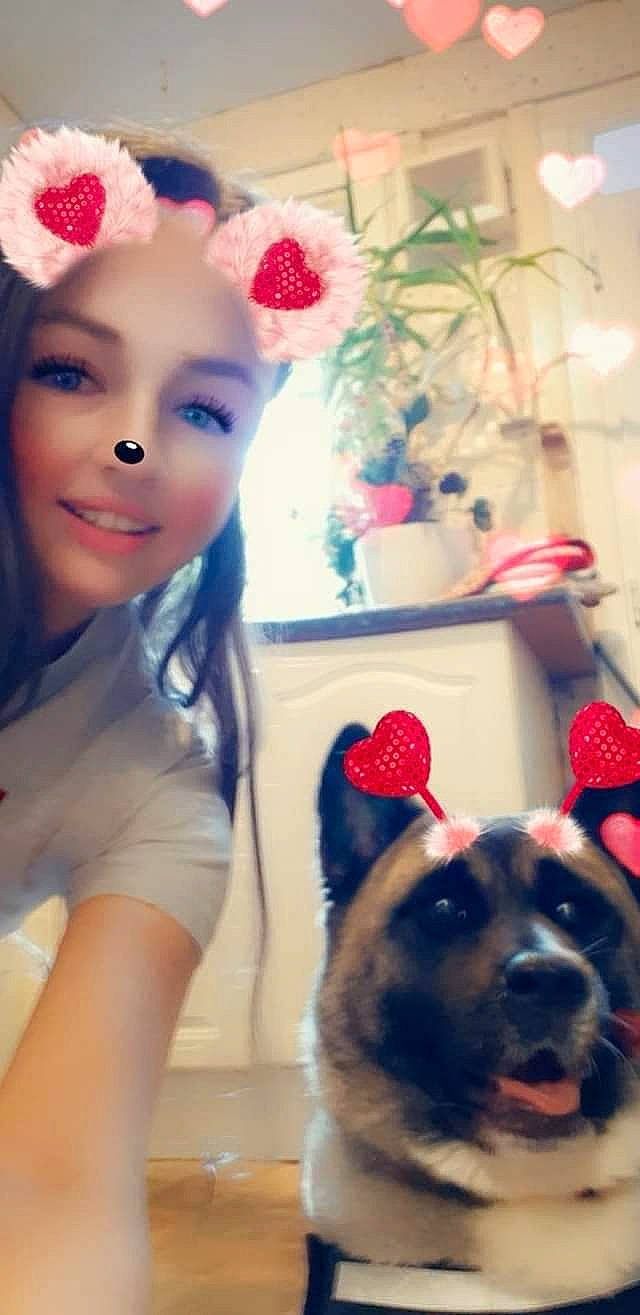 Kiyoshi is registered to the contest to win money with this photo: arm, carnivore, companion_dog, dog, dog_breed, ear, flower, hair, happy, head, headband, houseplant, long_hair, organ, petal, pink, plant, skin, smile, snout