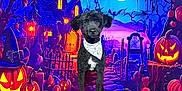 Otis joined the competition — help win amazing prizes! dog, black_dog, bandana, halloween, jack_o_lantern, pumpkin, moon, bat, haunted_house, graveyard, spooky, night, costume, pet, portrait, animal, cute, decoration, background, festival