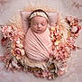 Layla is registered to the contest to win money with this photo: newborn, baby, sleeping, pink, flowers, floral, headband, wrapped, soft, cushion, portrait, peaceful, infant, closeup, decorative, delicate, cozy, cute, resting, babyphoto