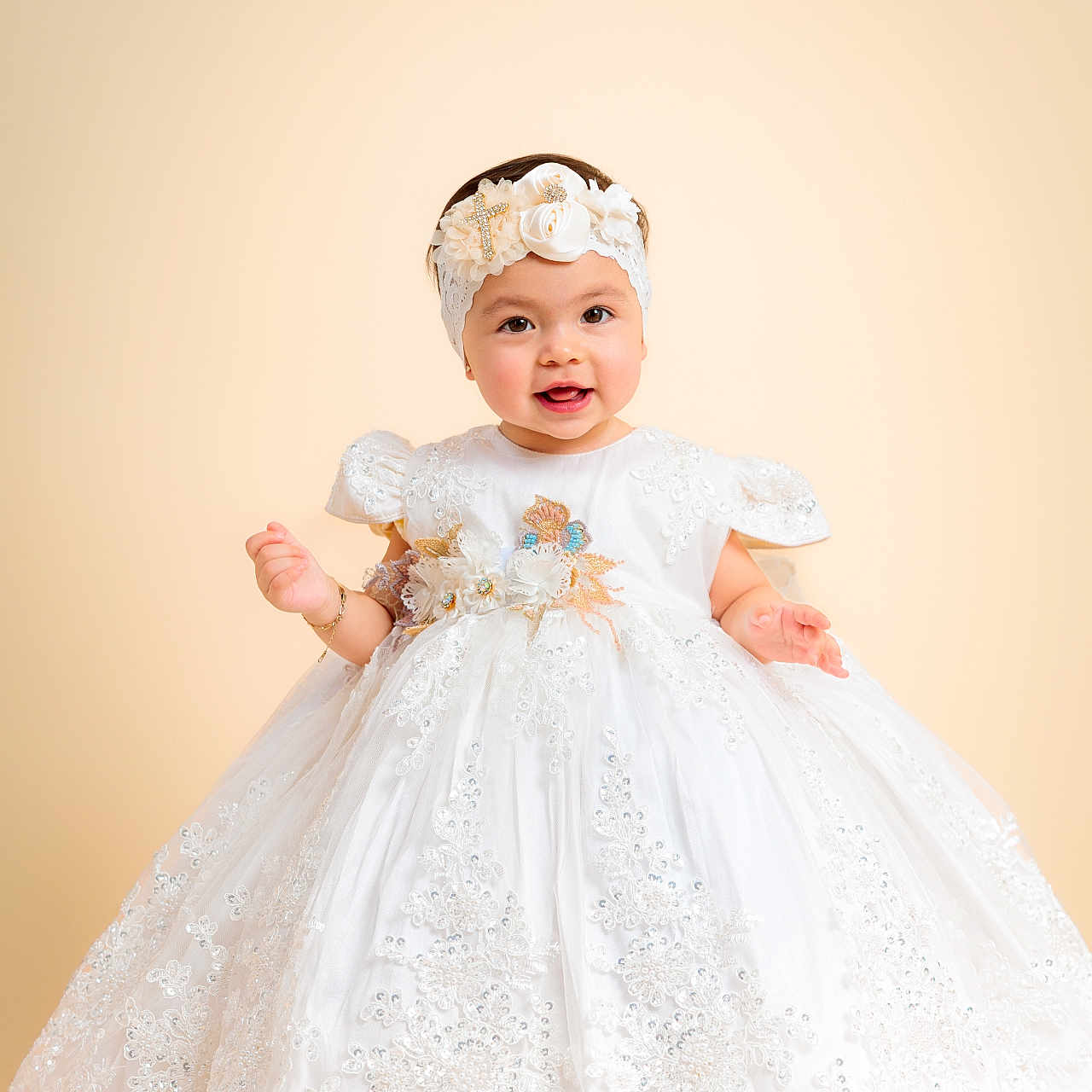 Alina is registered to the contest to win money with this photo: baby, child, dress, white_dress, lace, headband, flower, portrait, smiling, cute, studio, background, infant, girl, happiness, celebration, fashion, adorable, person, young