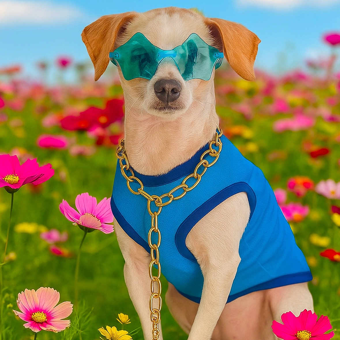 Jelly Bean joined the competition — help win amazing prizes! accessory, animal, blue_vest, canine, cute, dog, fashion, flower_field, gold_chain, green_grass, happy, nature, outdoor, pet, pink_flowers, portrait, summer, sunglasses, sunny, yellow_flowers