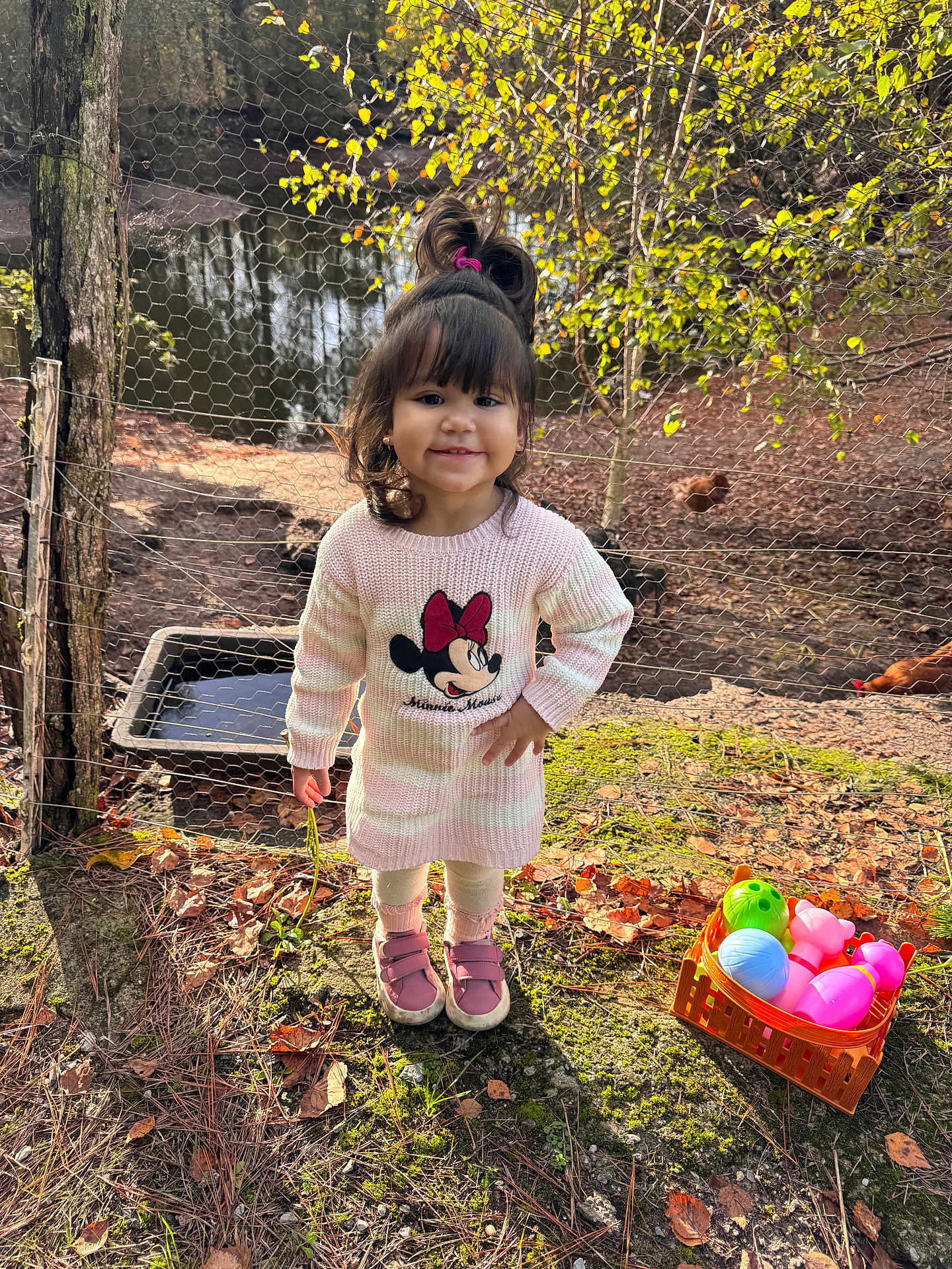 Amaia a rejoint le concours — aidez-le/la à gagner de superbes lots ! autumn, basket, child, cute, daylight, fence, footwear, girl, grass, happy, leaves, minnie_mouse, nature, outdoor, person, play, smiling, sweater, toy, tree