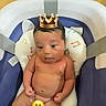 Liam joined the competition — help win amazing prizes! baby, infant, bath, bathroom, baby_bath_seat, child, cute, emoji, digital_sticker, crown, water, skin, sitting, indoors, adorable, playful, expression, head_support, colorful, young