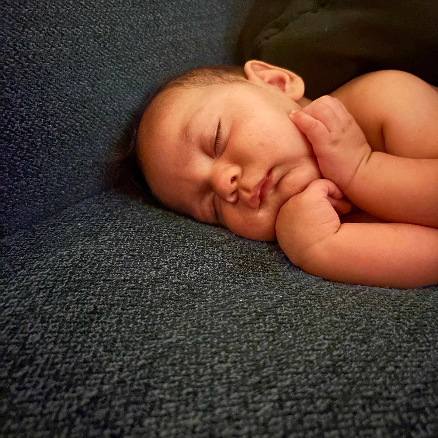Eriyah joined the competition — help win amazing prizes! baby, sleeping, infant, couch, blue, texture, hands, peaceful, face, closeup, nap, rest, skin, portrait, indoor, cozy, child, young, relaxing, soft