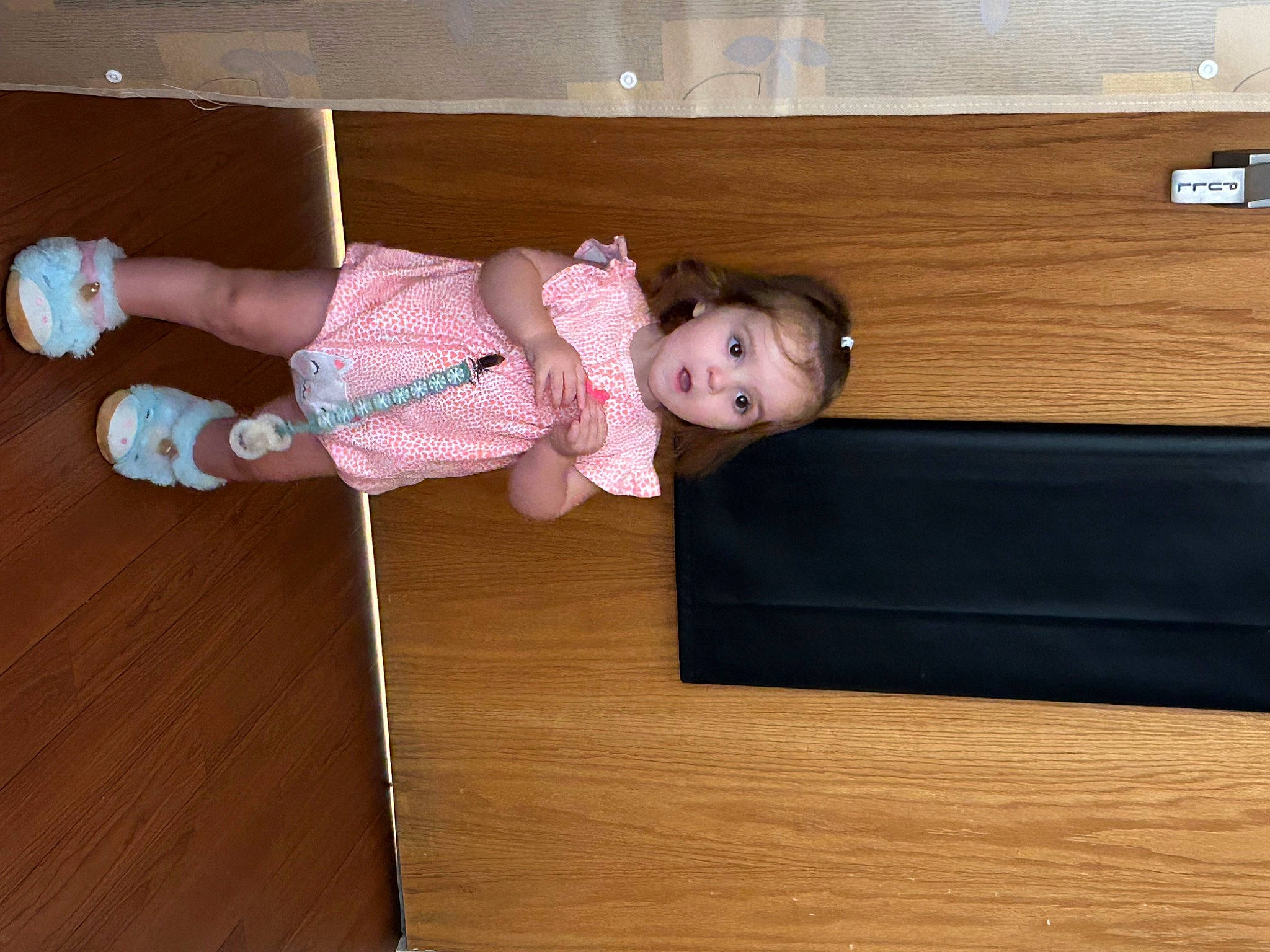 Paisley joined the competition — help win amazing prizes! baby, baby_toddler_clothing, child, comfort, floor, flooring, foot, fun, hair, happy, hardwood, laminate_flooring, person, sock, surprise, thigh, thumb, toddler, varnish, wood
