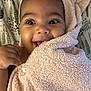 baby, towel, smile, face, hand, blanket, skin, eyes, happy, cute, infant, child, portrait, indoors, closeup, soft, texture, fabric, expression, wrapped