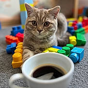 Tom a rejoint le concours — aidez-le/la à gagner de superbes lots ! cat, tabby_cat, coffee_cup, building_blocks, carpet, indoor, toy, curious, pet, animal, playroom, colorful, focus, foreground, background_blur, relaxing, young_cat, domestic_cat, feline, cute