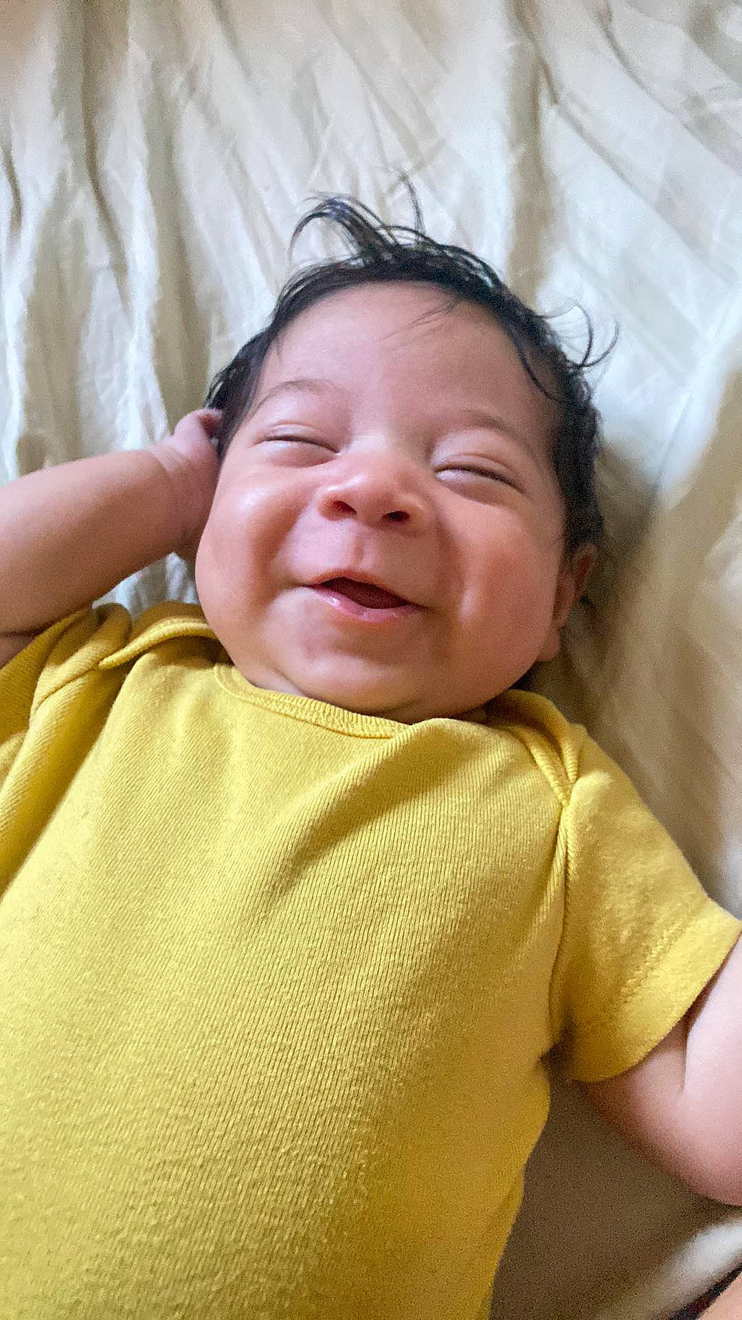 Gabriel joined the competition — help win amazing prizes! baby, baby_laughing, baby_toddler_clothing, cheek, comfort, eyebrow, fun, gesture, happy, head, linens, lip, mouth, nose, person, skin, sleeve, smile, textile, toddler