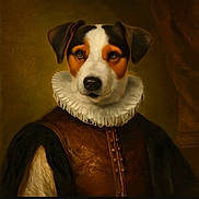 Blue a rejoint le concours — aidez-le/la à gagner de superbes lots ! animal_portrait, artistic, black_ears, brown_and_white_fur, brown_background, canine, classic, costume, dog, dressed_up, faux_painting, formal, historical_clothing, noble, pet, portrait, renaissance_style, ruffled_collar, serious_expression, studio_lighting