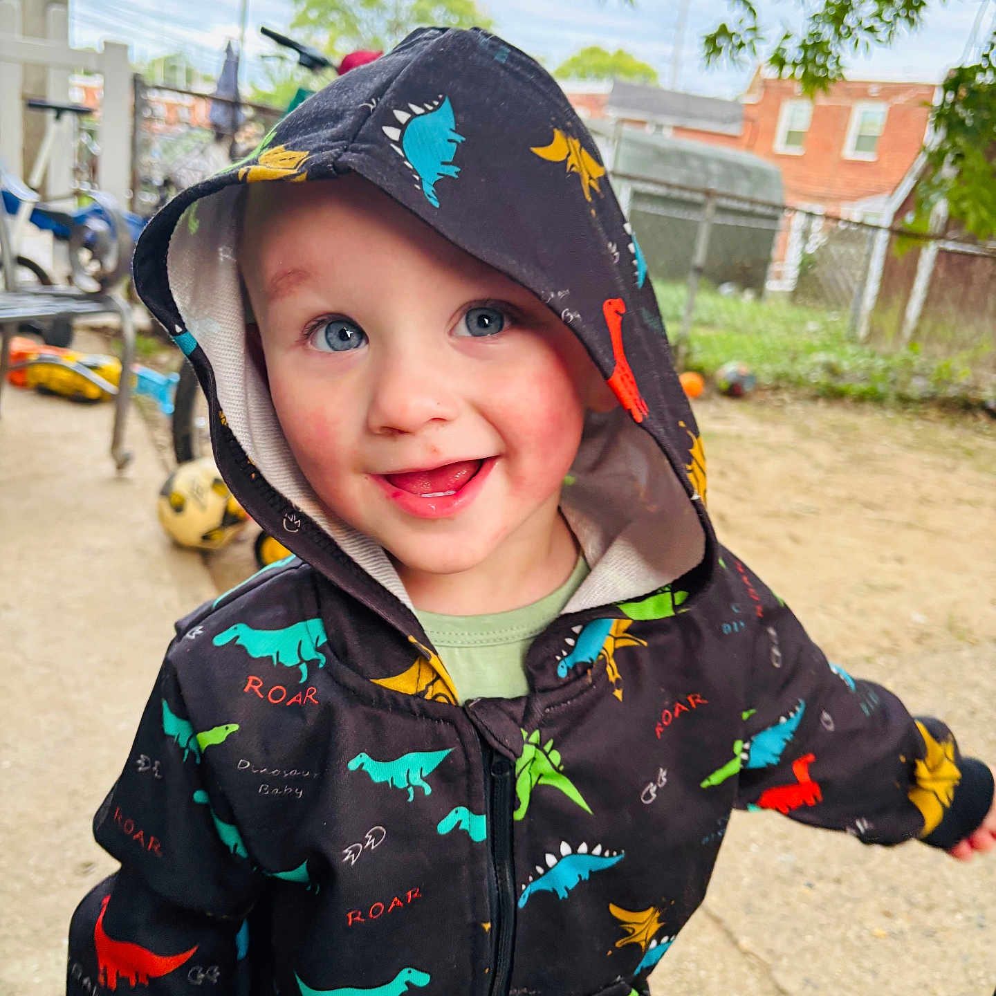 Cru is registered to the contest to win money with this photo: ball, bicycle, child, clothing, daylight, dinosaur_pattern, face, fence, ground, happy, hood, hoodie, joyful, outdoor, person, playground, sky, smiling, toddler, tree