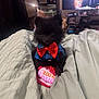 dog, black_dog, small_dog, bow_tie, blue_shirt, toy, bed, blanket, indoor, living_room, mirror, television, shelf, person_on_tv, plush_toy, cozy, pet, cute, animal, resting