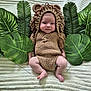 baby, infant, knitted_clothing, lion_costume, leaf, tropical_leaf, green_leaf, blanket, texture, cute, serious_face, costume, baby_pose, indoors, soft_fabric, cuteness, child, portrait, animal_costume, nature_theme