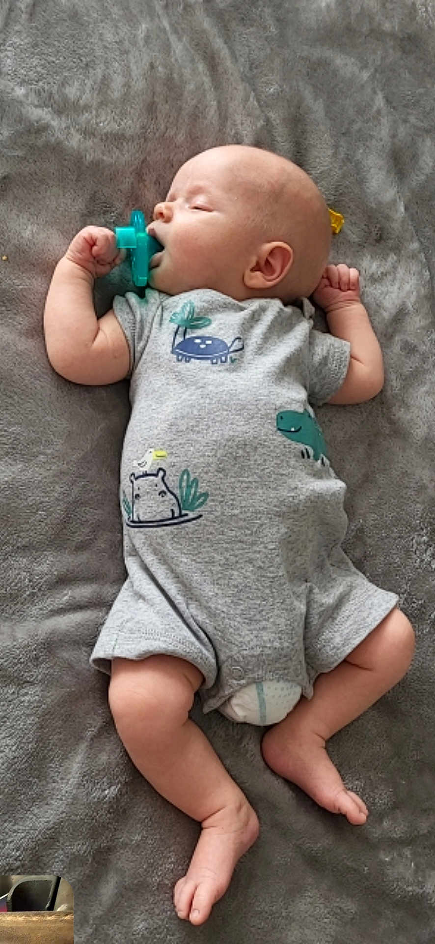 Riley joined the competition — help win amazing prizes! baby, infant, sleeping, pacifier, onesie, gray_blanket, cute_prints, peaceful, small_feet, lying_down, soft_texture, indoors, child, newborn, cozy, relaxed, sleep, hand, foot, skin