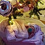 baby, blanket, basket, christmas_tree, christmas_lights, ornaments, candy_canes, soft_toy, pacifier, holiday, festive, decorations, indoor, sleeping, warm, pink, greenery, cozy, holiday_season, infant