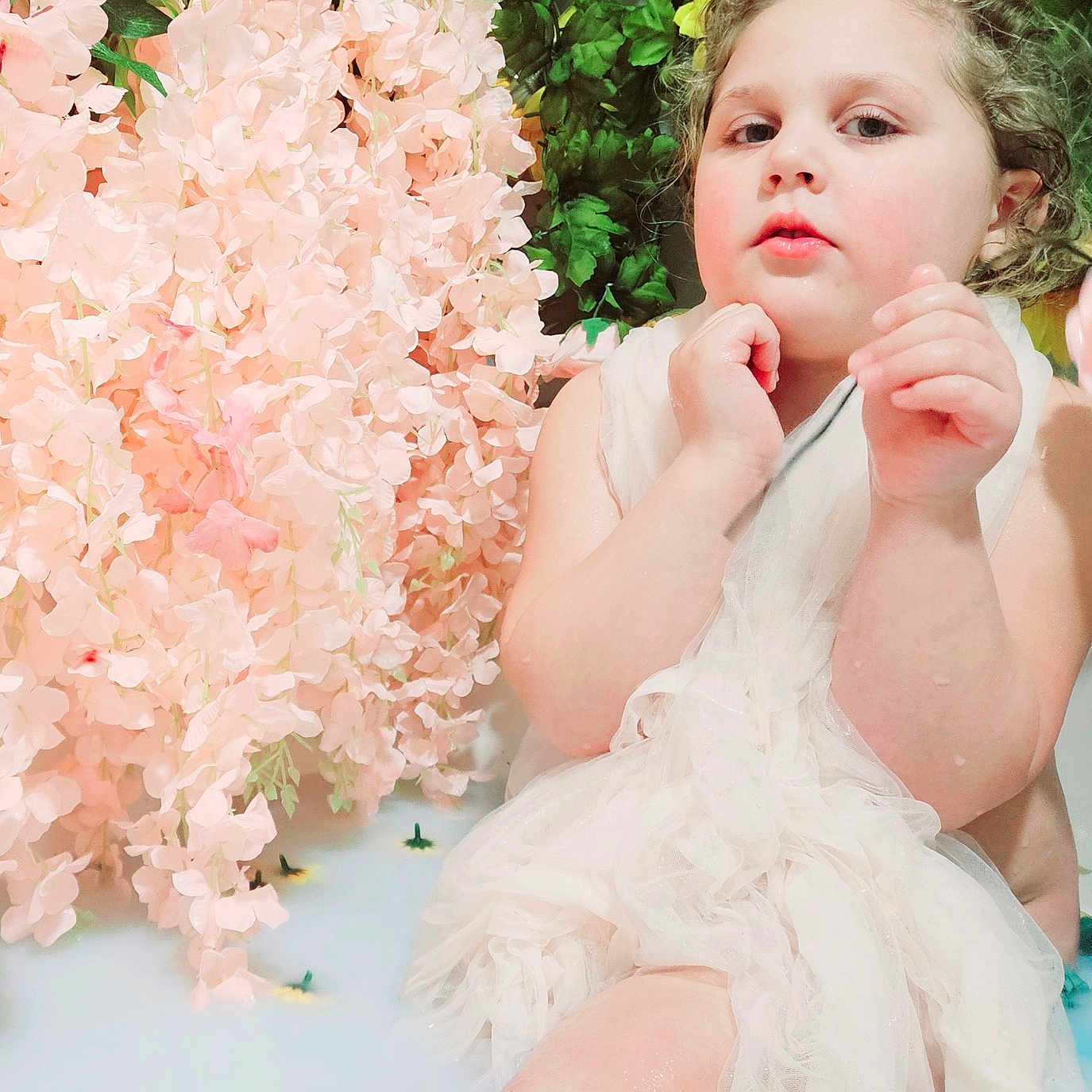 Aubree joined the competition — help win amazing prizes! bath, beauty, child, closeup, curly_hair, cute, flower, green_leaf, innocence, milky_water, natural_background, nature, pink_flower, portrait, relaxing, serene, sitting, skin, soft_light, white_fabric