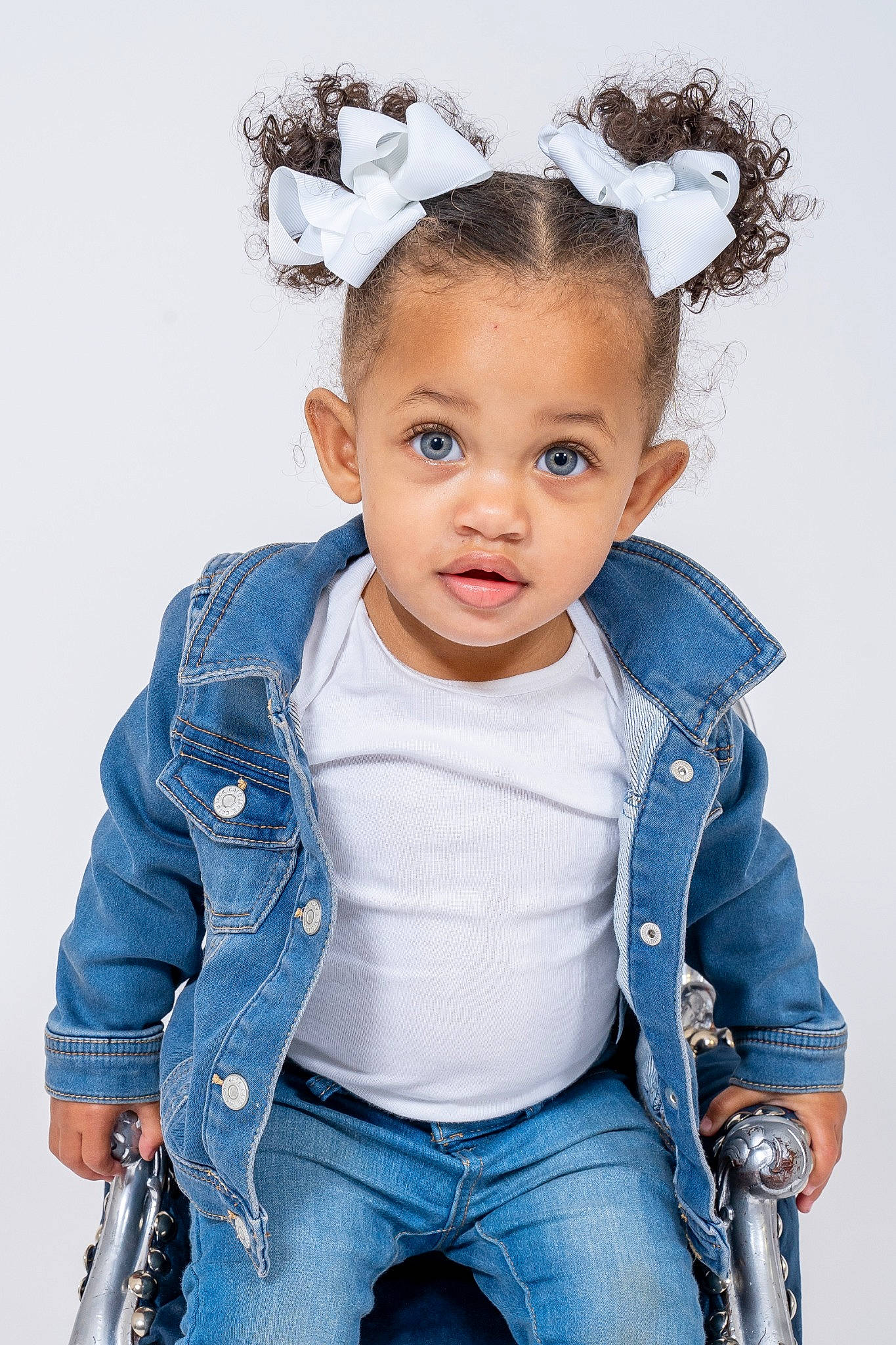 Amarianna joined the competition — help win amazing prizes! baby, blue, cheek, child, child_model, clothing, cool, denim, fashion_accessory, hair_accessory, head, headgear, jeans, outerwear, person, photo_shoot, photography, standing, textile, toddler