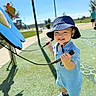 baby, blue_clothing, bucket_hat, casual_wear, child, cute, daylight, fun, grass, happy, outdoor, person, play_equipment, playground, recreation, shoes, smiling, sunny, toddler, toy