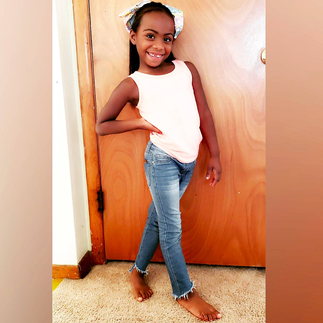 Kaliyah joined the competition — help win amazing prizes! beige, clothing, denim, footwear, jeans, joint, joy, knee, leg, neck, person, photo_shoot, shoe, shoulder, sleeveless_shirt, standing, t_shirt, textile, trousers, trunk