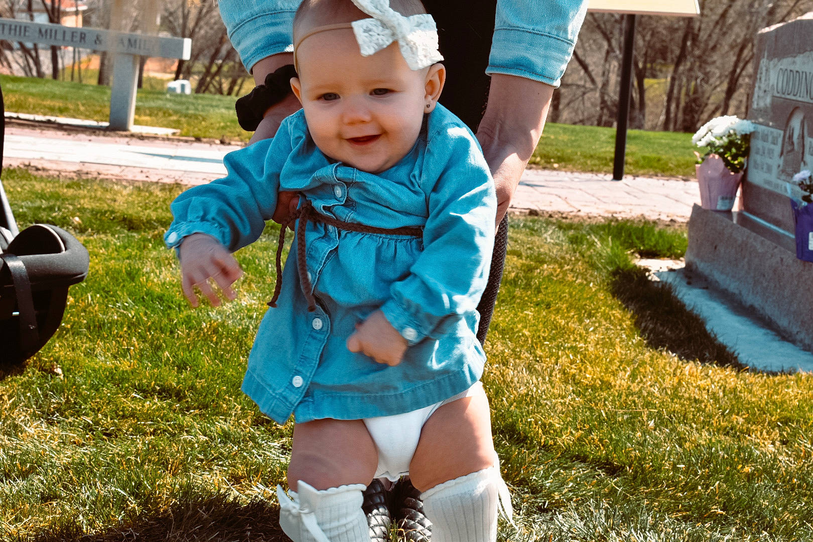 Charlee is registered to the contest to win money with this photo: baby, child, grass, happy, headwear, joy, leg, person, plant, play, toddler, tree