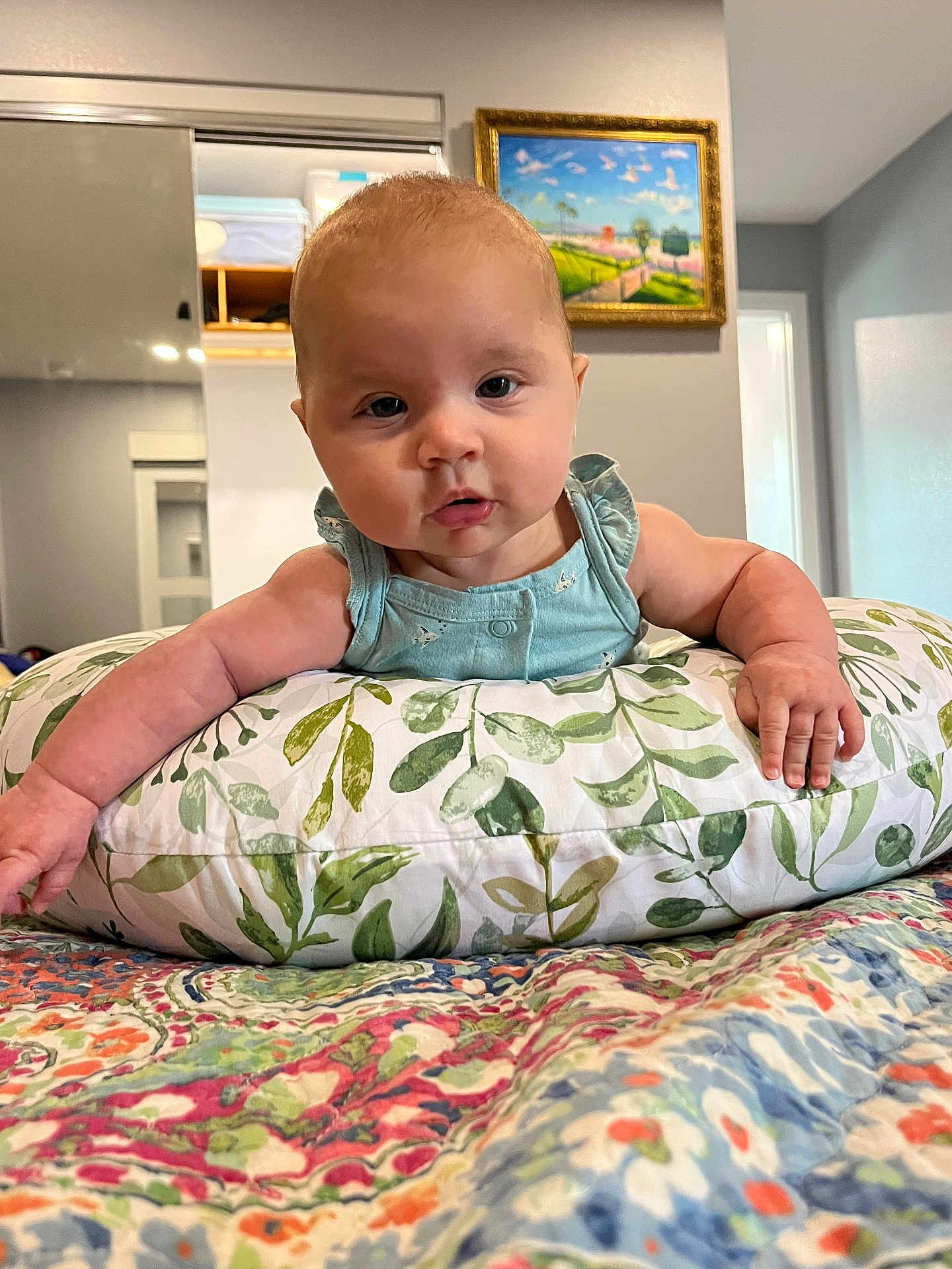 Layla is registered to the contest to win money with this photo: baby, infant, pillow, leaf_pattern, blue_clothing, bedspread, floral, quilt, indoor, wall_art, painting, arm, hand, face, person, bedroom, furniture, curious, closeup, child