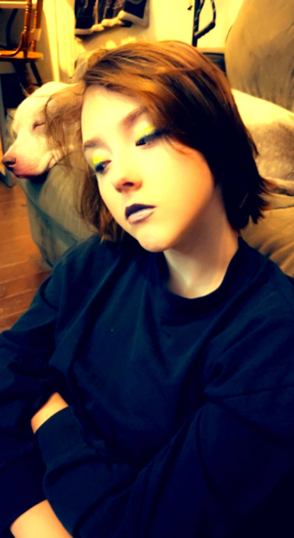 Chelsea is registered to the contest to win money with this photo: bangs, black_hair, dog, ear, eyebrow, eyelash, flash_photography, forehead, fun, gesture, hair, happy, jaw, lip, long_hair, mouth, neck, nose, person, selfie