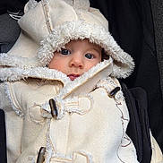 Owen a rejoint le concours — aidez-le/la à gagner de superbes lots ! baby, child, coat, hood, fur_trim, stroller, face, eyes, cute, winter_clothing, outerwear, button, warm, portrait, closeup, infant, fashion, soft_texture, animal_ears, bundle