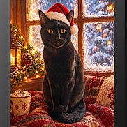 Pookies joined the competition — help win amazing prizes! animal, black_cat, blanket, cat, christmas, christmas_tree, cozy, decoration, festive, holiday, indoor, lantern, pet, portrait, santa_hat, sitting, snow, warm_lighting, window, winter