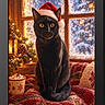 cat, black_cat, santa_hat, christmas, holiday, festive, pet, animal, portrait, sitting, indoor, cozy, blanket, window, snow, christmas_tree, lantern, warm_lighting, decoration, winter
