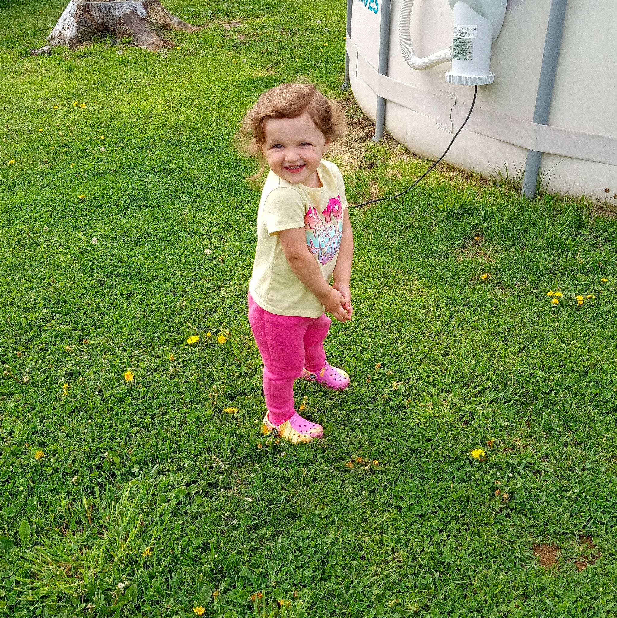 Reyna joined the competition — help win amazing prizes! automotive_tire, baby_toddler_clothing, child, flower, grass, grass_family, green, groundcover, hair, joy, lawn, leaf, mammal, meadow, people_in_nature, person, pink, plant, summer, toddler