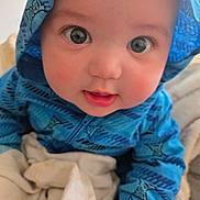 Toby joined the competition — help win amazing prizes! baby, blanket, blue_clothing, child, closeup, cute, expression, eyes, face, hoodie, indoors, infant, mouth, person, portrait, skin, small_hands, soft_texture, warm, young
