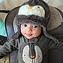 baby, babywear, child, clothing, costume, cushion, cute, expression, eyes, fabric, face, hat, indoors, infant, penguin, portrait, seated, smile, soft, warm