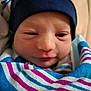 Toby joined the competition — help win amazing prizes! newborn, baby, infant, face, hat, blanket, striped_blanket, wrapped, closeup, portrait, soft_light, sleepy, child, cute, skin, headwear, indoor, newborn_baby, peaceful, baby_face