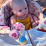 Juniper is registered to the contest to win money with this photo: baby, child, walker, toy, pink, yellow_clothing, outdoor, sand, seat, curious, infant, sunlight, shadow, playtime, cute, portrait, person, young_child, summer, resting