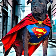Heather Granados is registered to the contest to win money with this photo: dog, black_dog, superman_costume, cape, alleyway, hero, animal, pet, costume, cape_flowing, superhero, canine, standing, outdoor, urban, street, vigilant, portrait, mammal, mascot