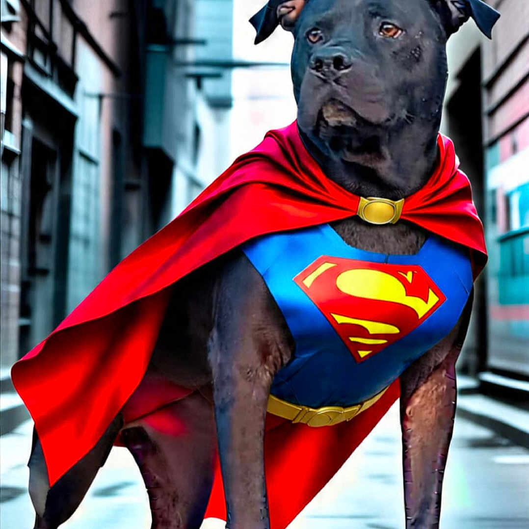 Heather Granados is registered to the contest to win money with this photo: alleyway, animal, black_dog, canine, cape, cape_flowing, costume, dog, hero, mammal, mascot, outdoor, pet, portrait, standing, street, superhero, superman_costume, urban, vigilant