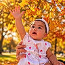 autumn, baby, child, dress, fall, foliage, golden_hour, hand, headband, infant, leaves, nature, outdoor, pacifier, park, portrait, reaching, smiling, strawberries, sunlight