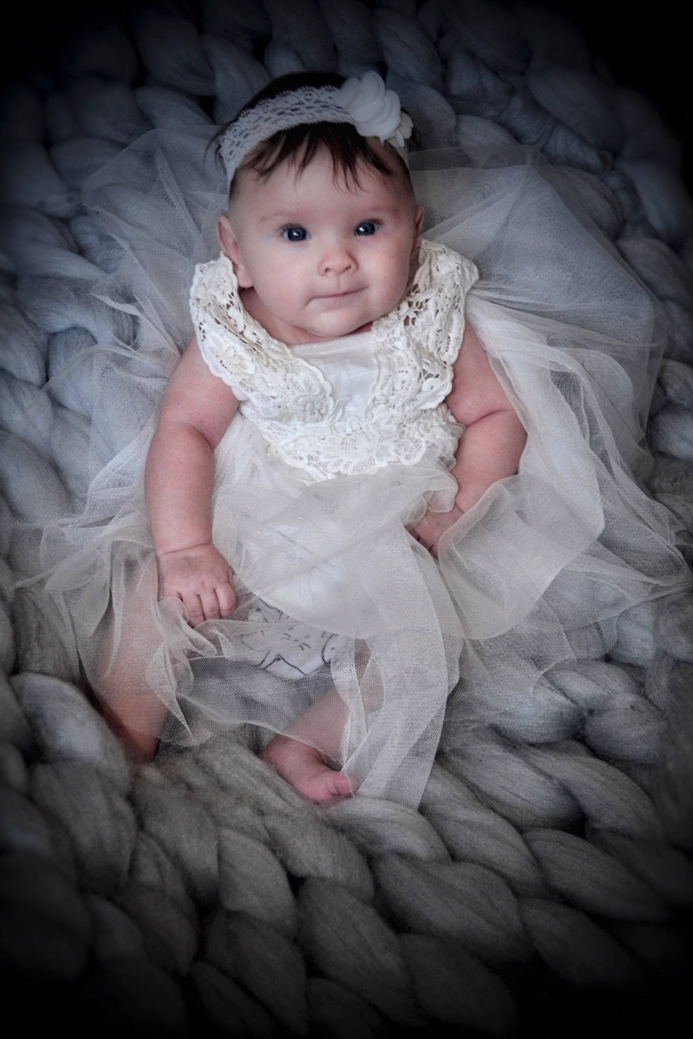Theia Maris joined the competition — help win amazing prizes! baby, child, dress, eye, flash_photography, hair_accessory, headpiece, iris, person, photograph, photography, pink, portrait, portrait_photography, sitting, skin, smile, toddler, white