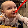 baby, child, face, straw, messy, happy, smile, highchair, clothing, table, wood, indoor, restaurant, person, cute, expression, food, sitting, pink, infant