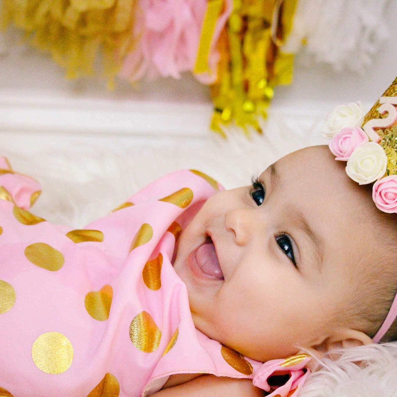 Mila Rose is registered to the contest to win money with this photo: baby, baby_toddler_clothing, child, design, ear, fashion_accessory, hair_accessory, headband, headgear, pattern, photography, pink, polka_dot, room, skin, toddler, yellow