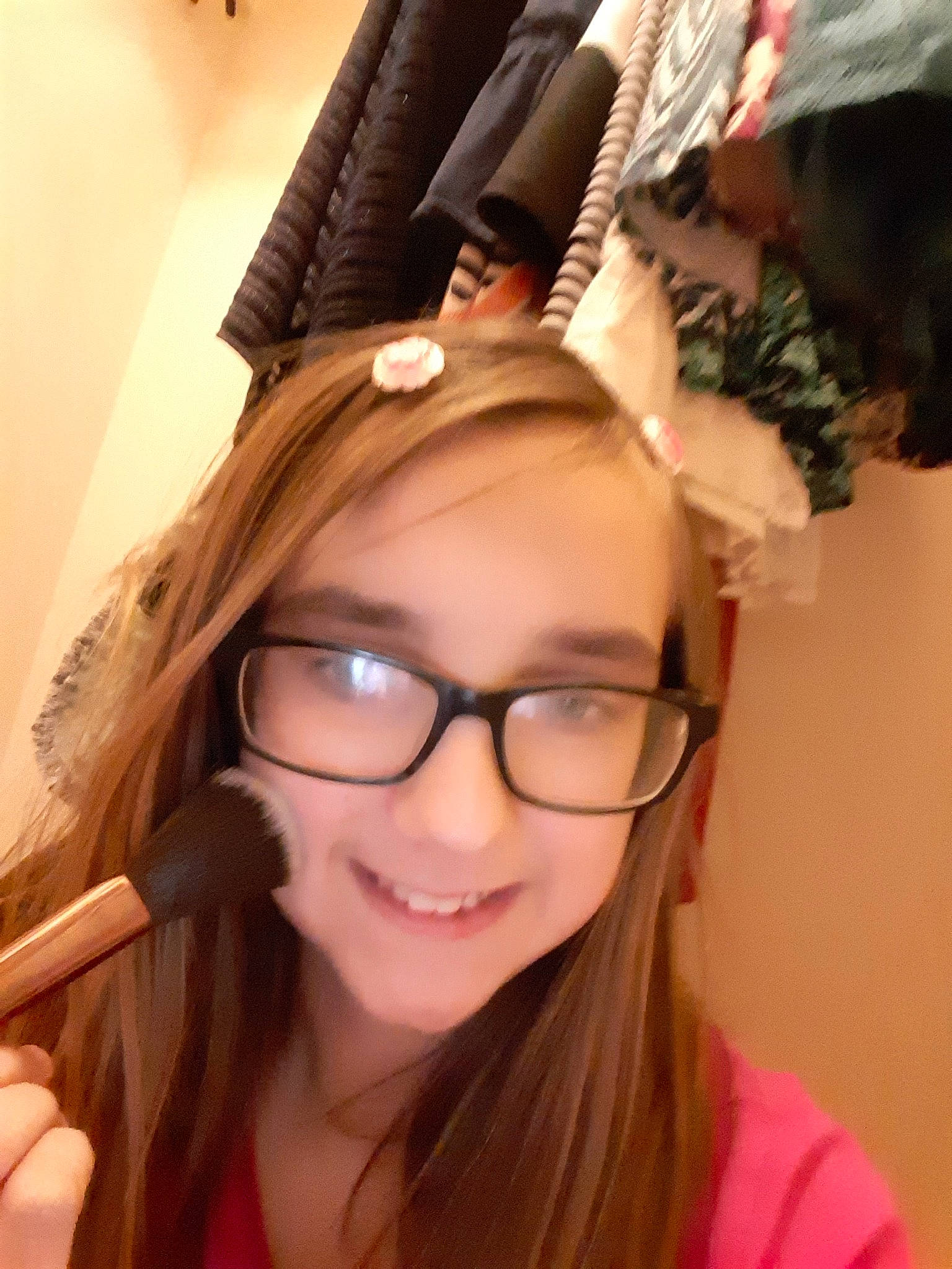 Haley joined the competition — help win amazing prizes! bangs, black_hair, brown_hair, ear, eyebrow, eyewear, fashion_accessory, glasses, hair, hair_accessory, hair_care, hair_coloring, hairstyle, lip, long_hair, person, pigtail, selfie, vision_care