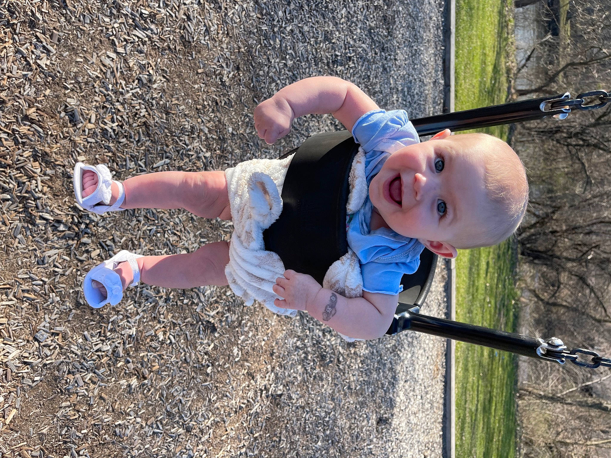 Oaklynn joined the competition — help win amazing prizes! asphalt, child, electric_blue, fun, grass, happy, leisure, outdoor_play_equipment, people_in_nature, person, play, playground, recreation, shoe, smile, sneakers, soil, toddler, tree, walking_shoe